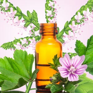 Peut inclure: Une bouteille en verre brun remplie d'un liquide clair, entourée de fleurs et de feuilles roses et vertes. La bouteille est étiquetée "Mallow"