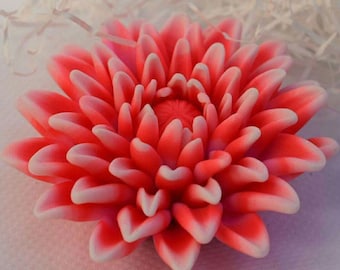 May include: A red and white soap flower in the shape of a chrysanthemum. The flower is made of soap and has a realistic appearance.