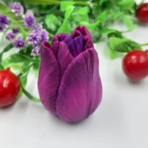 May include: A single purple tulip bud with a deep purple center. The tulip is closed and has a smooth, velvety texture.