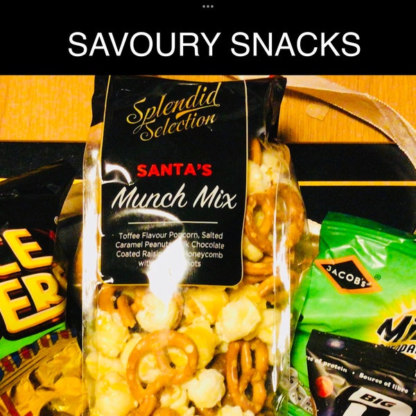 SAVOURY SNACK BOX - Assorted  Snacks, crisps, nuts, cheese, scratchings, pretzels, popcorn, hand decorated box, personalised tag,
