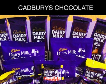 CADBURYS CHOCOLATES - Box Contains assorted Cadburys chocolates, Freddo, Dairy Milk, Chocolate buttons, hand decorated gift box, ribbon, tag