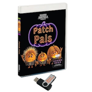 May include: A clear plastic DVD-style case featuring the title Patch Pals in neon purple and orange text, with three pumpkin characters on a black background. Below the case is a black and silver USB flash drive labeled Halloween Projections.ai.