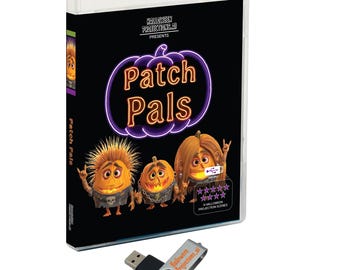 May include: A clear plastic DVD-style case featuring the title Patch Pals in neon purple and orange text, with three pumpkin characters on a black background. Below the case is a black and silver USB flash drive labeled Halloween Projections.ai.