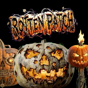 May include: A graphic design featuring the text ROTTEN PATCH in orange, textured, vine-wrapped letters above three pumpkins. One is a mechanical orange pumpkin, one is a large, pale, decaying jack-o'-lantern, and one is a small, flaming orange pumpkin.