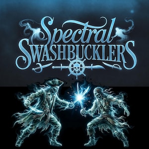 May include: A graphic illustration featuring the text Spectral Swashbucklers in a glowing blue font above a ship wheel and skull icon. Below, two ghostly pirate skeletons in tattered clothing engage in a sword fight with bright blue light.