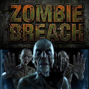 May include: A graphic poster featuring the text ZOMBIE BREACH in a distressed, rusted metal font. Below the text, three pale, hairless humanoid figures with blank white eyes press their hands against a dark, reflective glass surface.