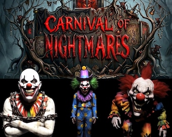 Puede incluir: Un letrero de Carnival of Nightmares con texto rojo, rodeado de árboles oscuros y criaturas, con tres figuras de payaso: una con cadenas, otra con traje azul y amarillo de lunares, y otra con pelo rojo y un cuello de volantes colorido.