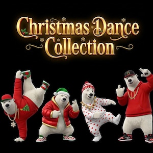 May include: Four polar bears in festive streetwear against a black background. The text reads Christmas Dance Collection. The bears wear red hoodies, a puffer jacket, and pyjamas with star patterns, accessorised with gold chains and hats.