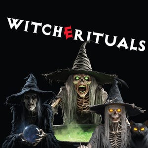 May include: Three skeletal figures wearing pointed hats and tattered robes, with one holding a glowing blue orb and another standing behind a bubbling green cauldron. The text WITCHERITUALS is displayed in white with a red letter E above them.