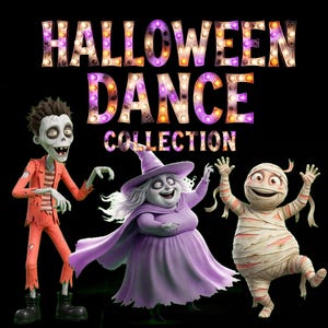 May include: A digital graphic featuring the text HALLOWEEN DANCE COLLECTION in marquee-style letters with glowing bulbs. Below the text are three cartoon characters: a zombie in an orange suit, a witch in a purple dress, and a mummy.