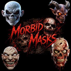 Może przedstawiać: Kolekcja pięciu różnych masek grozy przedstawiających czaszki, rogatego demona i twarze zachlapane krwią. Tekst MORBID MASKS jest wyświetlany w poszarpanej, czerwonej czcionce przypominającej krew pośrodku wzorów.