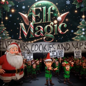 Pode incluir: Uma ilustração digital com o texto Elf Magic acima de uma multidão de elfos e o Papai Noel. Os elfos seguram cartazes com textos incluindo No More Toy Overtime, Elves Need Naps e Cookies or We Quit, enquanto o Papai Noel está à esquerda.