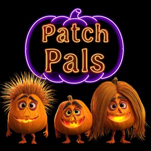 Op de afbeelding: Een neonpaarse pompoenomtrek omringt de oranje tekst Patch Pals. Daaronder staan drie oranje pompoenfiguren met gloeiende monden tegen een zwarte achtergrond. Eén heeft stekelig haar, één is klein en één heeft lang, steil haar.