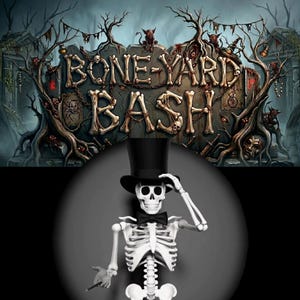 Könnte beinhalten: Eine weiße Skelettfigur mit schwarzem Zylinder und schwarzer Fliege vor einem dunklen, detaillierten Hintergrund mit einem Steinschild, auf dem der Text BONE-YARD BASH steht, umgeben von verdrehten Baumzweigen und kleinen dämonischen Kreaturen.