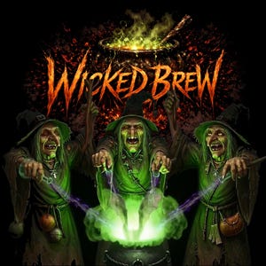 May include: A graphic illustration featuring three green-skinned witches in pointed hats and robes standing around a bubbling cauldron. The text WICKED BREW is displayed in a fiery orange font above the witches, with glowing green liquid.
