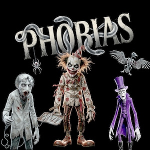 May include: A graphic design featuring the word PHORIAS in white letters intertwined with a snake. Below are three figures: a bloodied doctor in a white coat, a clown in a red-spotted outfit holding a tray of tools, and a skeletal figure in a purple suit.