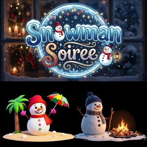 Può includere: Un design grafico con il testo Snowman Soiree in un cerchio blu luminoso con due pupazzi di neve. Sotto, un pupazzo di neve con cappello e sciarpa rossi vicino a una palma e un altro con cappello e sciarpa blu vicino a un falò.