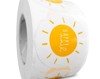 Roll of 500 Sending Sunshine Happy Mail Stickers | Yellow Stickers for Box of Sunshine | 4 Sun Sticker Designs | Small Business Supplies