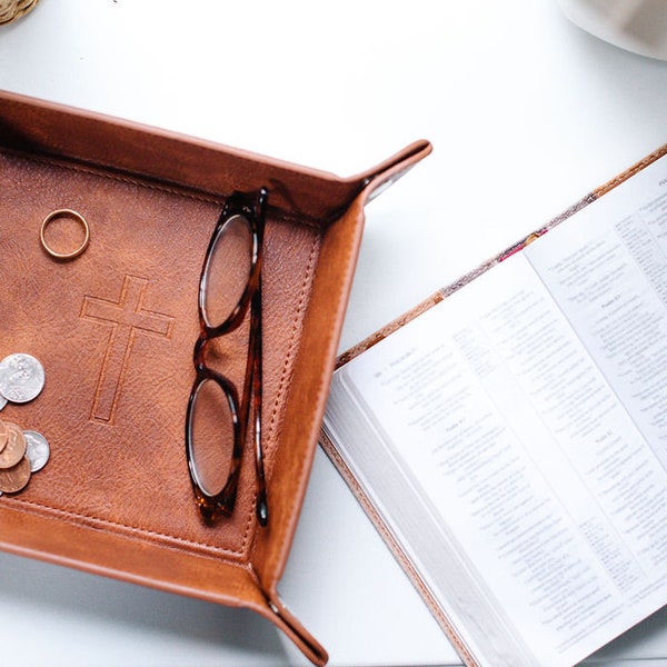 Cross Leather Valet Tray for Men | Christian Gifts for Men, First Communion Gifts for boys, Catholic gifts, Conformation Gifts