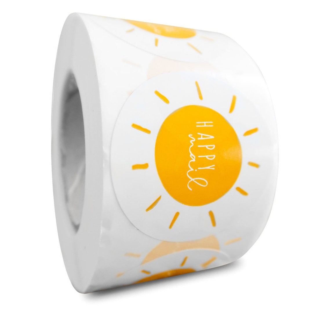 Roll of 500 Sending Sunshine Happy Mail Stickers | Yellow Stickers for Box of Sunshine | 4 Sun Stickers for Easter Gifts & Small Businesses