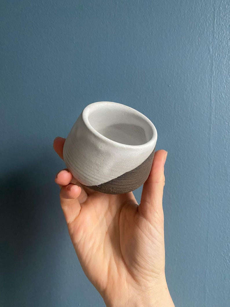 A hand holds a single ceramic cup with a dark brown base and an off-white top against a blue wall.