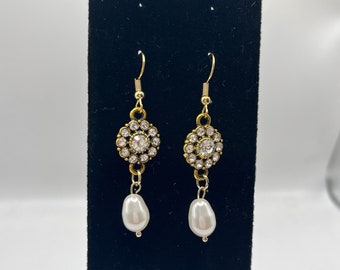 Gold, Rhinestone, and Pearl Drop Earrings bridal  Handmade and Unique Jewelry  Gifts for women earrings