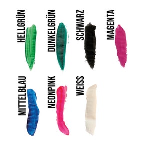 May include: A collection of paint swatches in various colors, including light green, dark green, black, magenta, blue, pink, white. The colors are labeled in German.