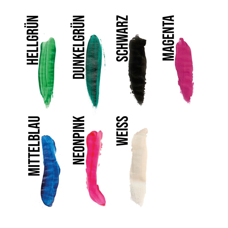 May include: A collection of paint swatches in various colors, including light green, dark green, black, magenta, blue, pink, white. The colors are labeled in German.