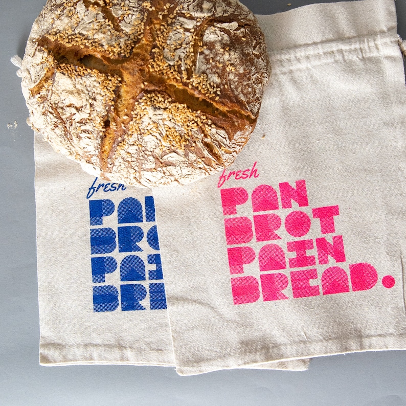 Bread bag, linen bag, bread tote, hand-printed | Natural | Reusable design Mittelblau