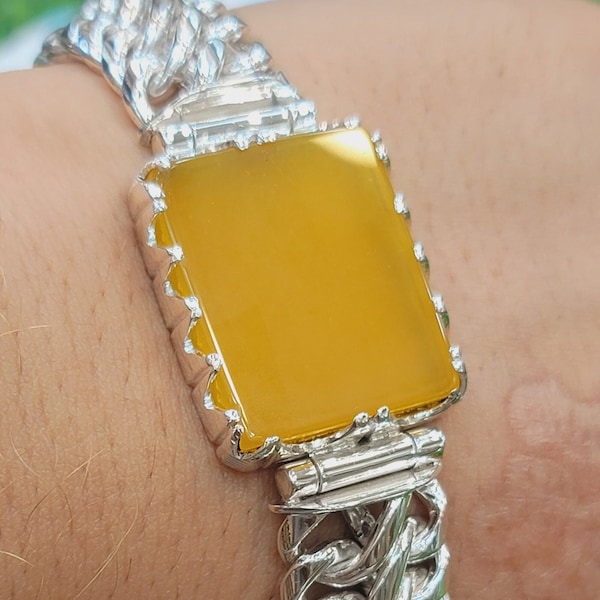 Natural Yellow Agate Sterling Silver Bracelet  Customized name Bracelet |Geometric Bracelet | Natural Zard Aqeeq Stone Heavy Weight Bracelet