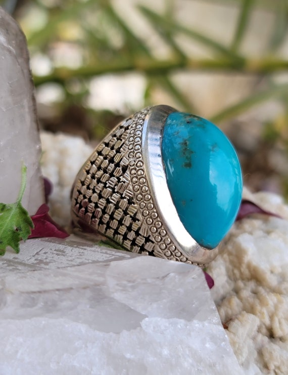 Turkish Silver Men's Ring with a Trendy Blue Feroza Stone