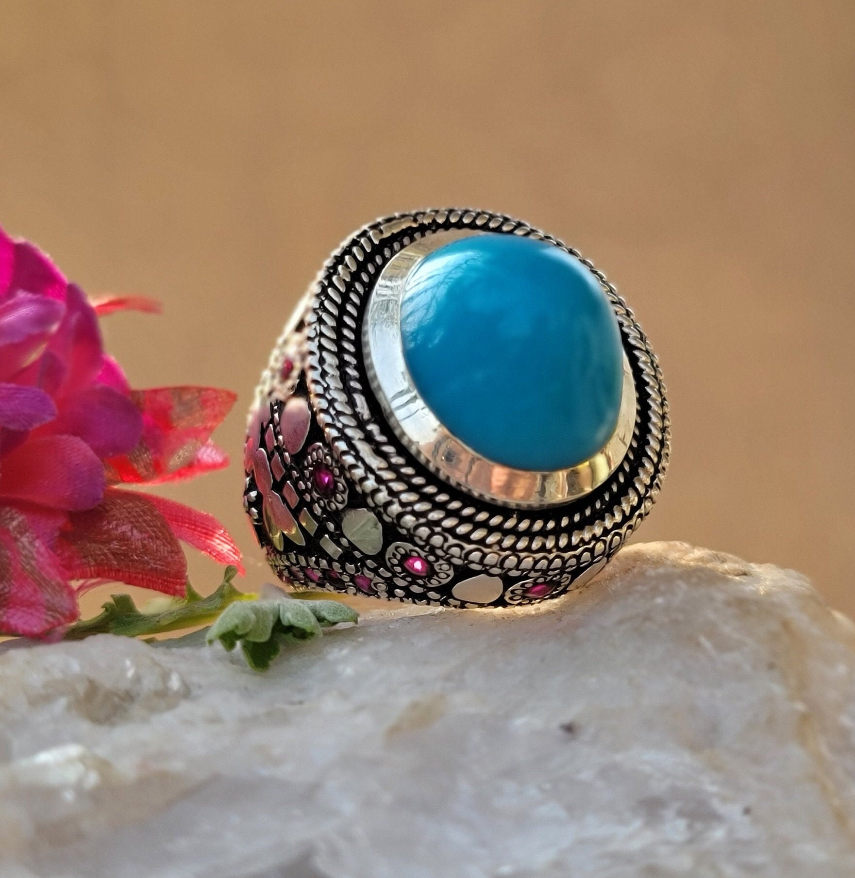 Natural Turquoise Stone Ring Turquoise Feroza Stone 925