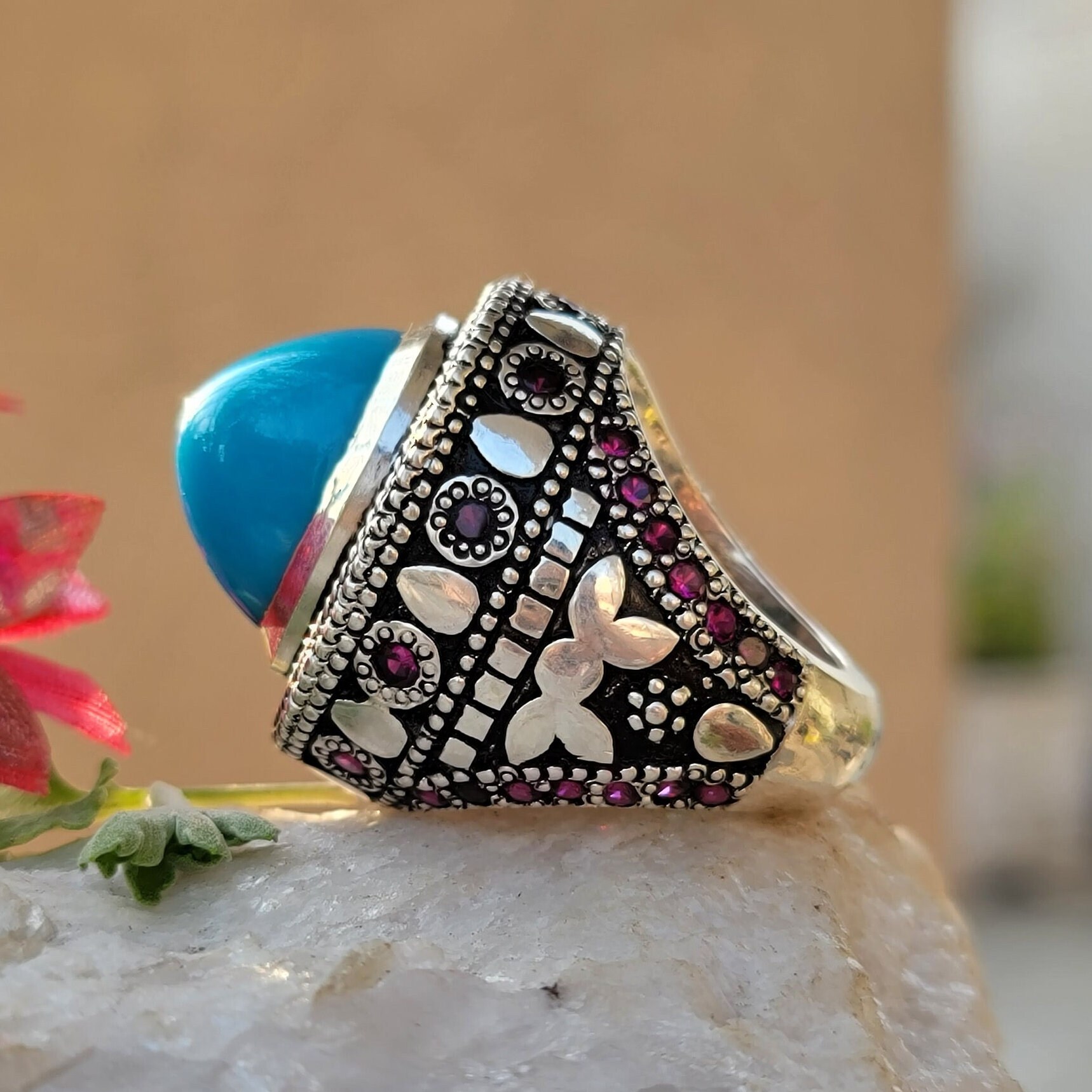 Natural Turquoise Stone Ring Turquoise Feroza Stone 925
