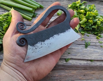 Herb Chopper, mini cleaver, Ulu Knife, Pizza Cutter, handmade knife,  kitchen knife, forged tools, for cooking, bbq, gift for wife, for her