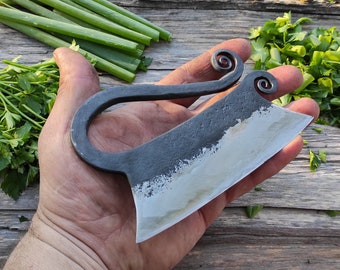 Herb Chopper, mini cleaver, Ulu Knife, Pizza Cutter, handmade knife,  kitchen knife, forged tools, for cooking, bbq, gift for wife, for her