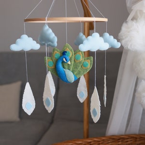 Peacock baby mobile, peafowl crib mobile, bird felt nursery hanging decor, neutral baby mobile, baby shower gift