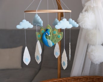 Peacock baby mobile, peafowl crib mobile, bird felt nursery hanging decor, neutral baby mobile, baby shower gift