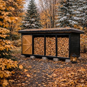 May include: A black wooden firewood storage shed with a corrugated metal roof, filled with neatly stacked logs. A wooden door is on the left, and a lantern glows on the right. The scene is set in a forest with autumn foliage.