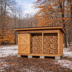 May include: A wooden firewood shed with a slanted roof and a sliding door. The shed is filled with neatly stacked firewood. The surrounding area features a forest with trees and fallen leaves, with a touch of snow on the ground.