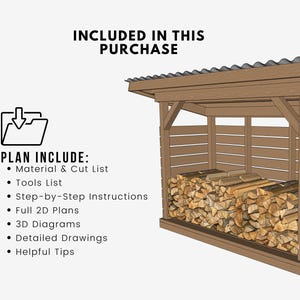 May include: A wooden firewood shed with a corrugated metal roof, filled with stacked logs. The image includes text that says "INCLUDED IN THIS PURCHASE" and "PLAN INCLUDE: Material & Cut List, Tools List, Step-by-Step Instructions, Full 2D Plans, 3D Diagrams, Detailed Drawings, Helpful Tips."