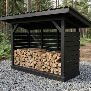 May include: A black wooden firewood storage shed with a sloped roof. The shed is filled with neatly stacked firewood. The structure is set on a bed of gravel, with a forest in the background.