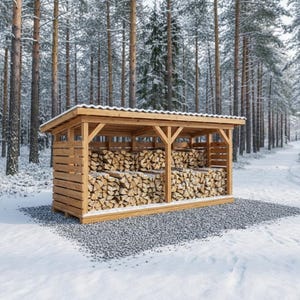 May include: A wooden firewood storage shed with a sloped roof, filled with cut logs. The shed is constructed of light-colored wood and sits on a bed of gray gravel. The background features a snowy forest with tall trees.