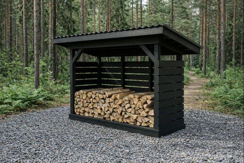 May include: A black wooden firewood storage shed with a sloped roof, filled with neatly stacked firewood. The shed is set on a bed of gravel, with a forest in the background.