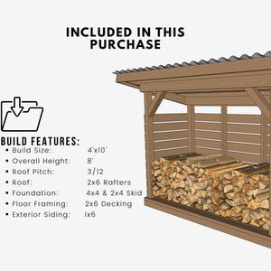 May include: A wooden firewood shed with a sloped roof, filled with stacked logs. The shed is 4'x10' with an overall height of 8'. The image includes build features such as roof pitch, roof, foundation, floor framing, and exterior siding.
