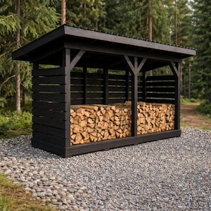 May include: A black wooden firewood storage shed with a sloped roof, filled with neatly stacked firewood. The shed is set on a gravel surface, surrounded by trees. The wood appears to be cut into various sizes.
