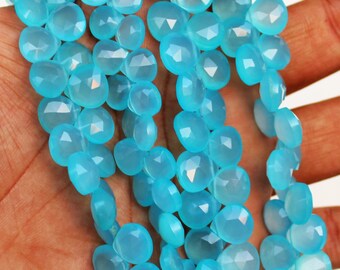 Natural Aqua Chalcedony Faceted Heart 10mm Briolette Beads, AAA+ Aqua Chalcedony Heart Beads, Chalcedony Beads for DIY Jewelry Making