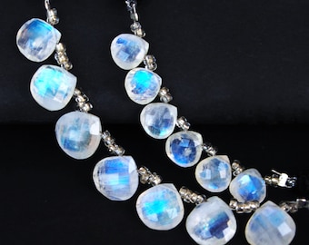 Blue Flash White Rainbow Moonstone Faceted Hearts 8mm & 10mm Briolette Beads, AAA Natural Moonstone Heart Bead, Moonstone for Jewelry Making