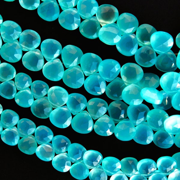Natural Aqua Chalcedony Faceted Heart 10mm Handmade Briolette Beads, AAA+ Natural Aqua Chalcedony Heart Beads, Chalcedony for Jewelry Making