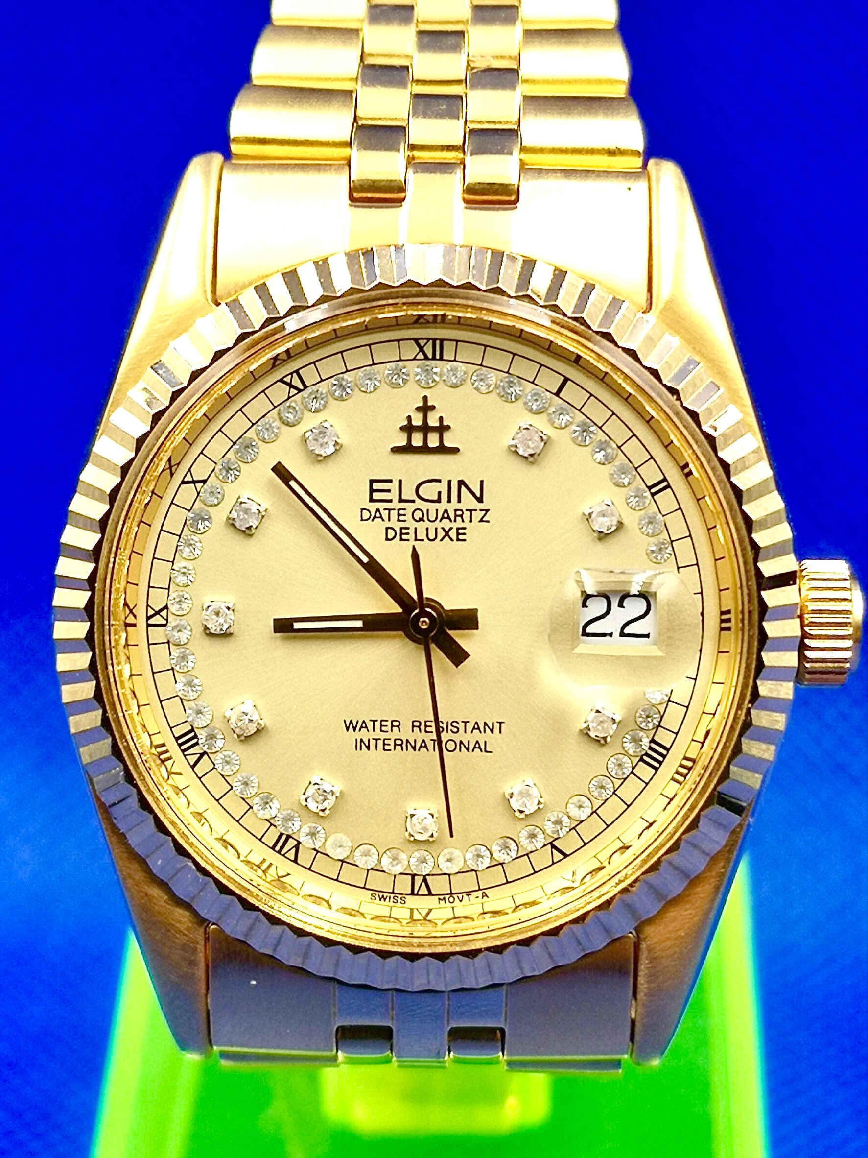 Vintage ELGIN Date Quartz Deluxe Watch. Men Watch. Nice With Jewelry on Dial. Etsy