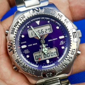 Vintage ELGIN STEALTH Analog/Digital Men quartz watch. FK-647-C. Deep Blue Face.